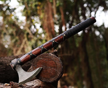WAZIR Crafts Viking Axe | 17″ Hand-Forged Carbon Steel Tomahawk with Rosewood Handle & Leather Sheath, Bearded Axe for Camping, Bushcraft, Throwing, Gifts for Men (WCA‑015)
