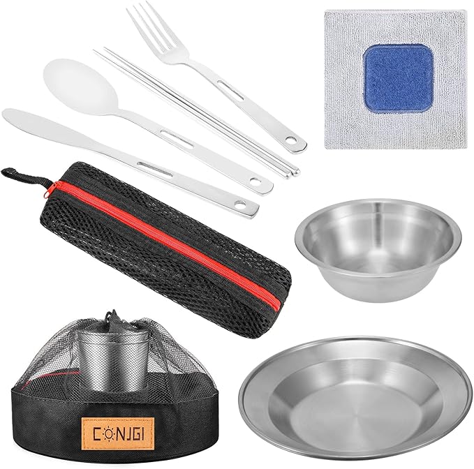 Outdoor Camping Mess Kit - 1 to 2 persons Camping Dishes Includes Cups, Bowls, Dishes, Knives, Forks, Spoons, Etc, Camping Dinnerware Set with Mesh Bag is Easy to Carry Camping Tableware Set