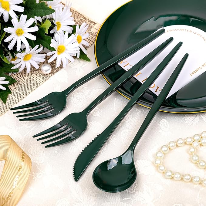 PULOTE 150PCS Green Plastic Silverware - Plastic Cutlery Set Disposable - Green Plastic Utensils Include 50 Forks, 50 Spoons, 50 Knives for Party&Christmas