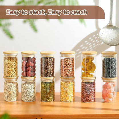 12 Packs Bamboo Qtip Holders, 10 oz Glass Round Storage Containers