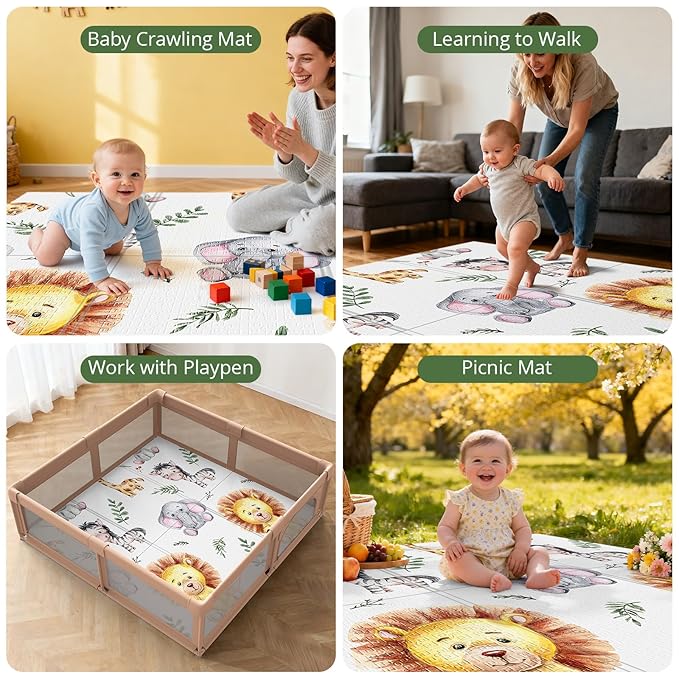 Baby Play Mat, 59 x 59 PlayMat Perfect for Use Baby Playpen, Foldable Soft Foam Babies Play Mat for Floor, Babies Activity Tummy Time Playmat, Kids Non Toxic Thick Mat for Babies, Toddlers, Infants
