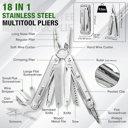 SHALL Multi Tool, 18-in-1 Multitool Pliers, Stainless Steel Multi-tool Pocket Knife w/Screwdriver Bit & Universal Socket, Self-locking Multipurpose Tool w/Sheath for Camping Fishing Survival Hunting