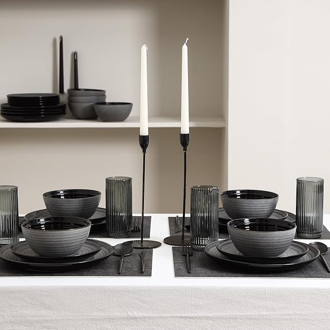 Stone Lain Dua 16-Piece Dinnerware Set Stoneware, Borosilicate Glass, Black