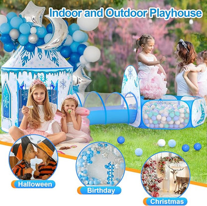 3 in 1 Girls Frozen Play Tent for Kids: Pop Up Baby Playhouse with Toddlers Crawl Tunnel, Ball Pit and Princess Castle Tent - Children Play Tent Frozen Toys Indoor and Outdoor Game for Birthday Gift
