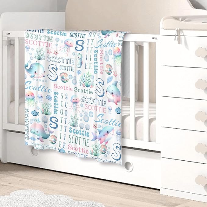 Personalized Baby Blanket for Girls Boys Kids Oceans Shark Custom Baby Blanket with Name Throw Birthday Gift for Toddlers Infants Shower Newborns Nursery Stroller Crib Bed Decor