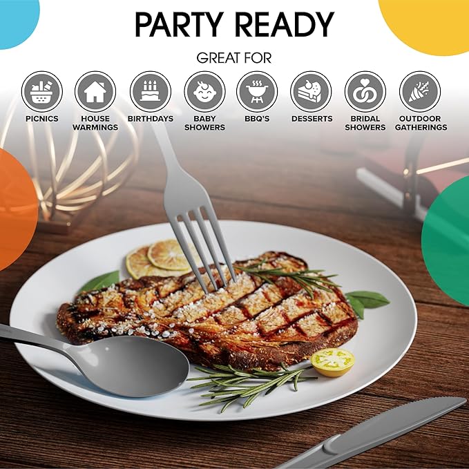 Party Solids Silver Plastic Silverware Heavy Duty 150 Pieces Silver Plastic Cutlery Sets, Utensil Sets, 50 Of Each Forks, Knives & Spoons Disposable Cutlery Set, Flatware Set For Party Supplies