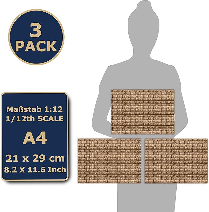 3 Sheets Self-Adhesive Wall Cladding for Dollhouse 1:12 Scale (Historical Sandstone)
