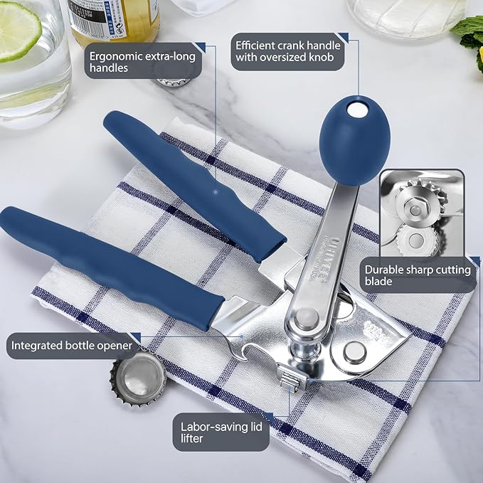 Commercial Can Opener, UHIYEE Hand Crank Can Opener Manual Heavy Duty with Comfortable Extra-long Handles, Oversized Knob, Large Handheld Can Open Easy for Big Cans, Blue