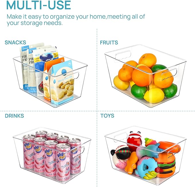 Vtopmart Clear Plastic Pantry Organizer Bins, 4 PCS Food Storage Bins with Handle for Refrigerator, Fridge, Cabinet, Kitchen, Countertops, Cupboard, Freezer Organization and Storage, BPA Free, Large