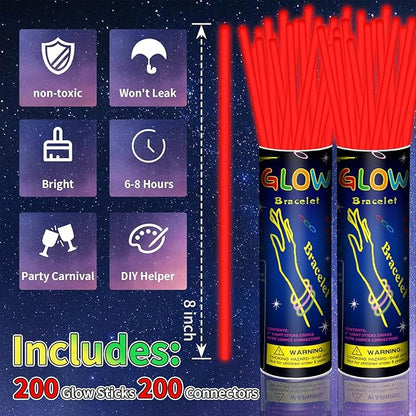 200 Pack 8'' Glow Sticks Bulk Party Favors Red Light Up Sticks with Connectors Neon Glow in the Dark Party Supplies Bracelets for Holiday Birthday Party Decoration (Red)