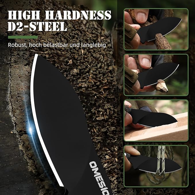 Omesio Neck Knife, 5.82" Small Fixed Blade Tactical Knife, Compact Full Tang EDC Neck Knife with Sheath and Clip, Nessmuk D2 Steel G10 Handle Mini Knife Necklace for Outdoor, Hiking, Camping