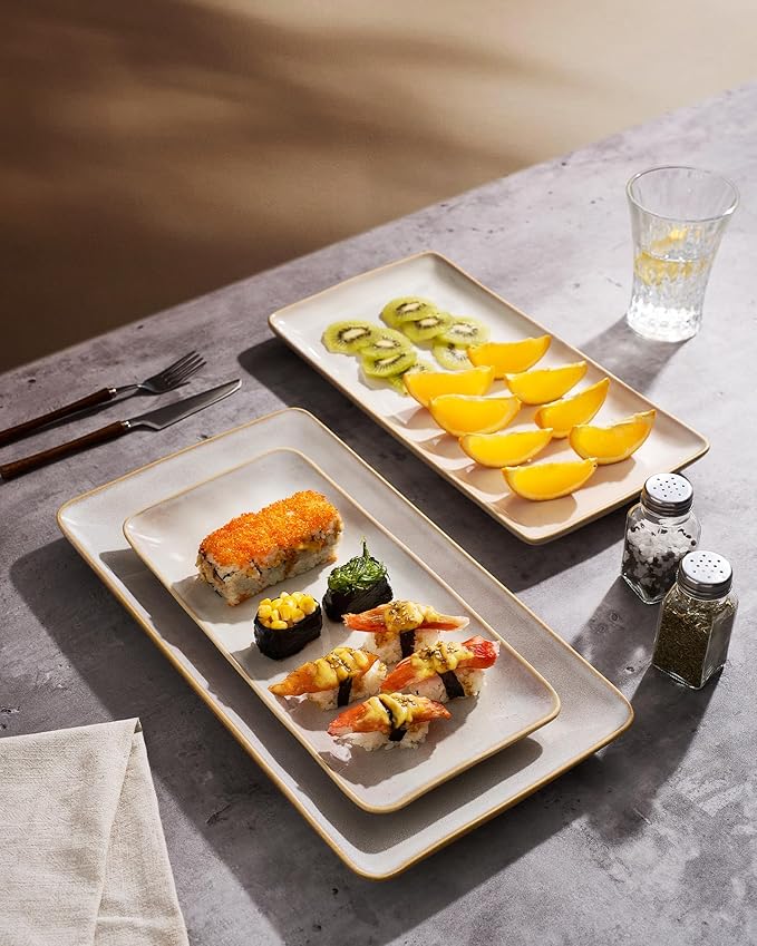 famiware Serving Platter, Rectangular 15.67/14.1/12.6 inch Serving Dishes for Entertaining, Microwave Dishwasher Safe, Stonware Serving Trays for Party, Turkey, Cheese, Ocean Series, Cappuccino White