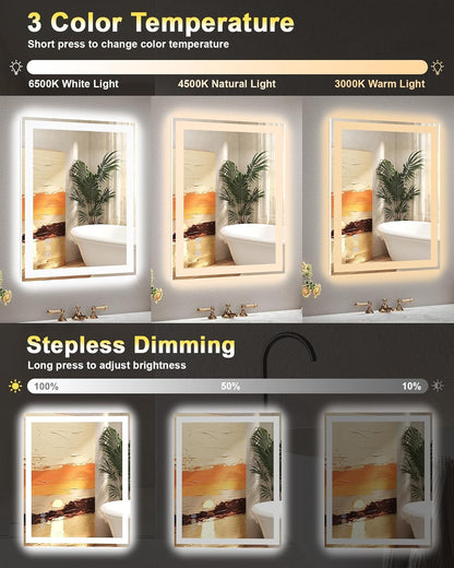 24x32 LED Bathroom Mirror, 6000LM, Separate Front and Back Lights | UL Certified,Shatter-Resistant Tempered Glass,Auto-Off Defogger,3 Color Modes,Smooth Dimming,Smart Memory Setting