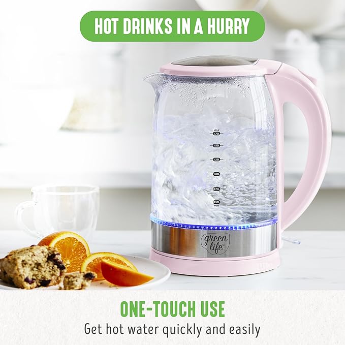 GreenLife 1.7 Liter Glass Electric Kettle, Easy One Touch Use, Quick Heating