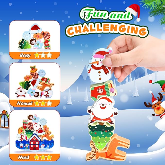 Christmas Kids Gifts Stacking Toys for Kid 3-10 Stocking Stuffers for 4 5 6 7 8 9 10 Year Old Grandkids Girls Boys Wooden Blocks Toy Balance Competition Game Birthday Gift for Kid Ages 5-7