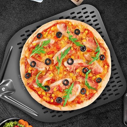Perforated Pizza Peel, 14 x 16 Inch Rectangular Pizza Turning Peel, Professional Anodized Aluminum Turning Pizza Spatula, 34 inch overall