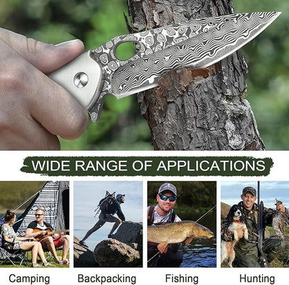 KOMWERO Damascus Pocket Knife for Men, VG10 Core Damascus Steel Folding Knife with Wood Handle, Ball Bearing, Thumb Hole, Liner Lock, Sheath for EDC Outdoor Survival Hunting