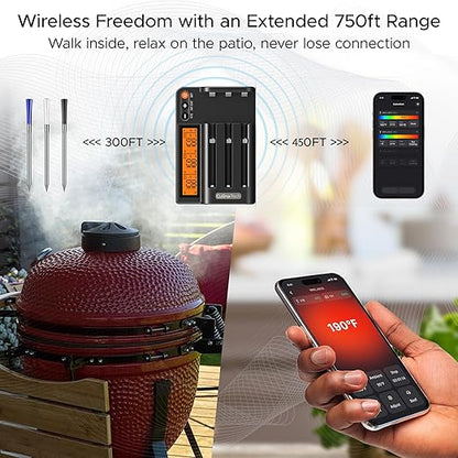 CulinaMeter Three: 3 Probes Wireless Meat Thermometer with LCD Screen, 750FT Digital Cooking Food Thermometer for Beef Lamb Turkey, Dual Sensor Measures Internal & Ambient Temp