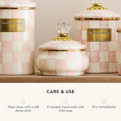 MACKENZIE-CHILDS Enamel Squashed Pot, Cute Enameled Container with Lid, 20 Ounces, Pink-and-White Rosy Check