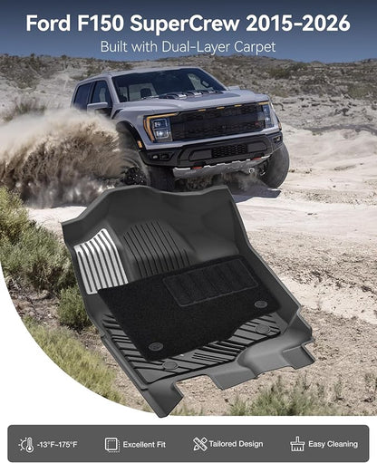 3W Floor Mats (with Metal Pedals) & Carpets for Ford F-150 2015-2026 & F150 Lightning 2022-2025 SuperCrew (w/o Fold Flat Storage), TPE All Weather Front & Rear 3PCS | Heavy Duty, Easy Clean - Black