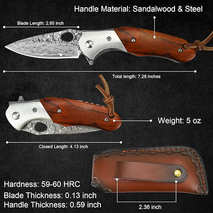 KOMWERO Damascus Pocket Knife for Men, VG10 Core Damascus Steel Folding Knife with Wood Handle, Ball Bearing, Thumb Hole, Liner Lock, Sheath for EDC Outdoor Survival Hunting