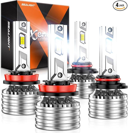 SEALIGHT 9005 H11 Bulbs, 180,000LM 14X Brightness, HB3 H8/H16/H9 6500K Cool White LED Bulbs, IP68 Waterproof 70000Hrs Lifespan, No Flickering, 1Mins Installation, 4 Pack
