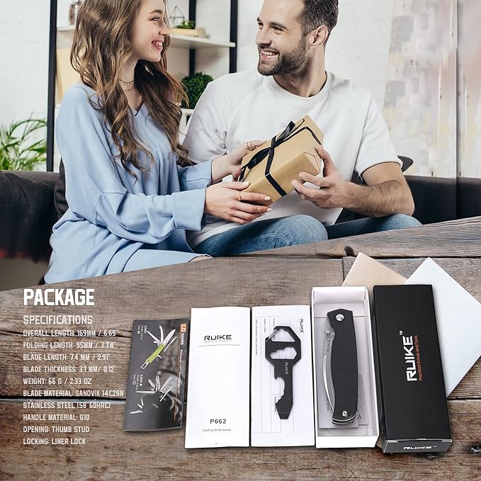 EDC Folding Small Pocket knife for men, women, 14C28N,Liner Lock,G10 Lightweight Handle, Cold Stainless Steel,Camping Tactical Knives Belt Clip, Flipper Microtech Elemental Survival Hiking Hunting Gadgets Gear Tool Dad Father Gift,Ruike P662