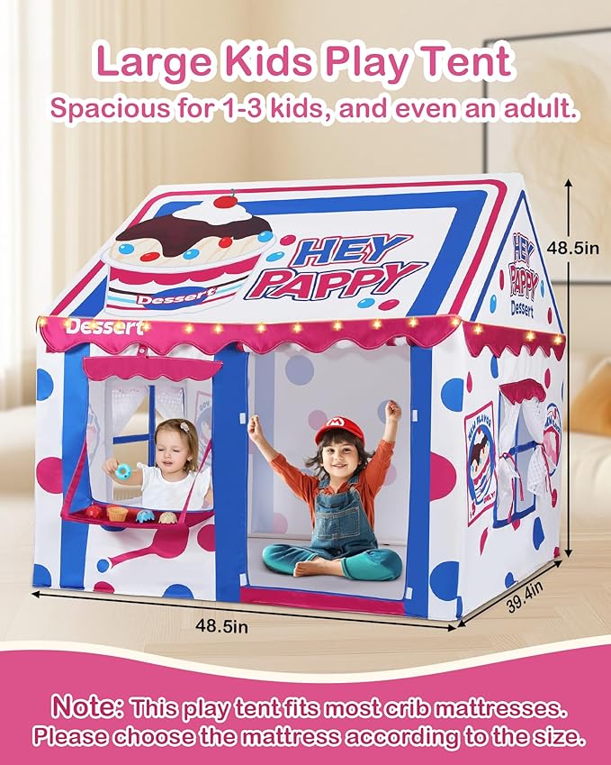 Kids Play Tent, Toddler Tent for Kid Indoor & Outdoor, 48.5"x39.4"x48.5" Playhouse Tent Dessert Theme with Complete Toys Set, 3 Window, Lights and 5 Balloons