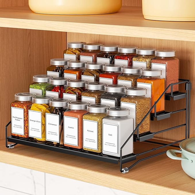 BOIVSHI 4 Tier Spice Rack for Cabinet, Spice Rack Organizer, Depth Adjustable