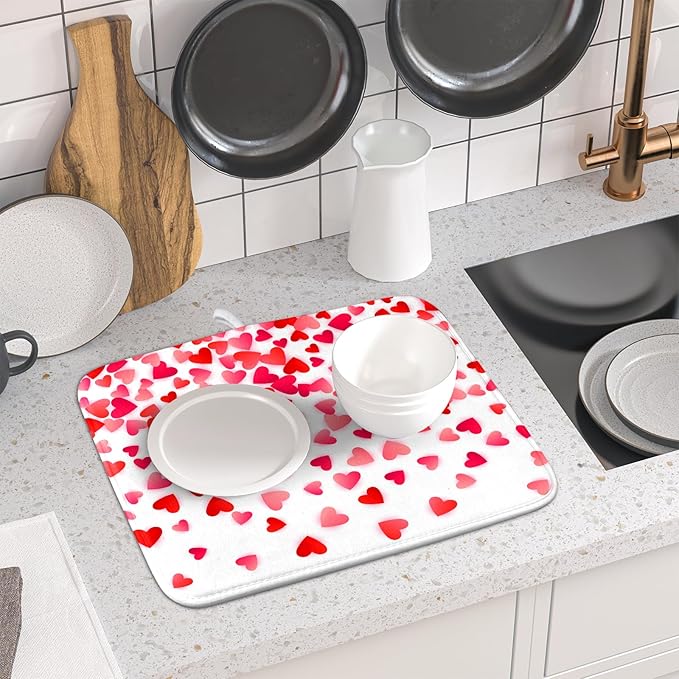 Valentines Dish Drying Mat for Kitchen Counter Hearts Holiday Microfiber
