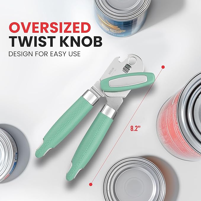 Zulay Kitchen Heavy Duty Stainless Steel Can Opener – Manual Can & Bottle Opener with Sharp Cutting Wheel & Soft Grip Handles – Ergonomic, Easy to Use Turn Knob - Mint
