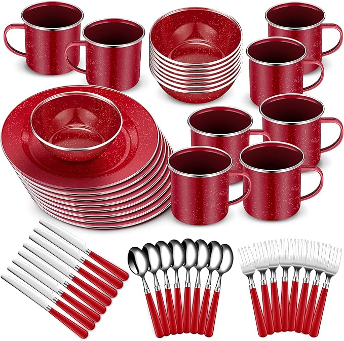 Nuogo 48-Piece Enamel Camping Dinnerware Set | Service for 8, Red