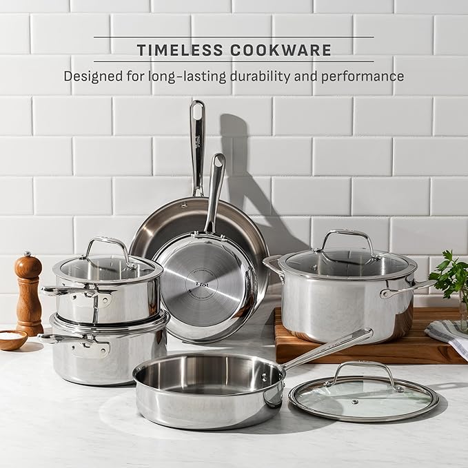 T-fal Pro Tri-Ply Stainless Steel Cookware Set, 10 Piece-Induction Compatible
