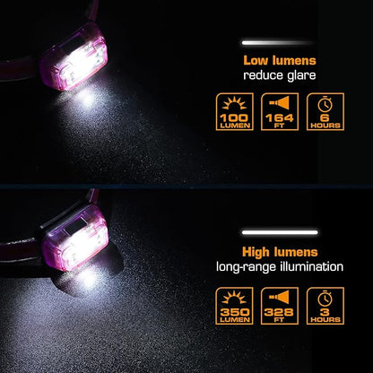 EverBrite Rechargeable Headlamp, 2 Pack Kids Headlamp with White/Red/Green Light and Memory Function, Head Lamp for Adult and Kid with 5 Modes, 120° Adjustable LED Headlamp for Camping, Running-Pink