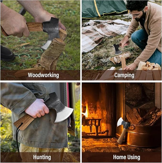Small Camping Axe with Leather Sheath, 8.46" Backpacking Hatchet with Wooden Handle, Splitting Axe for Jungle, Gardening, Hunting, Survival