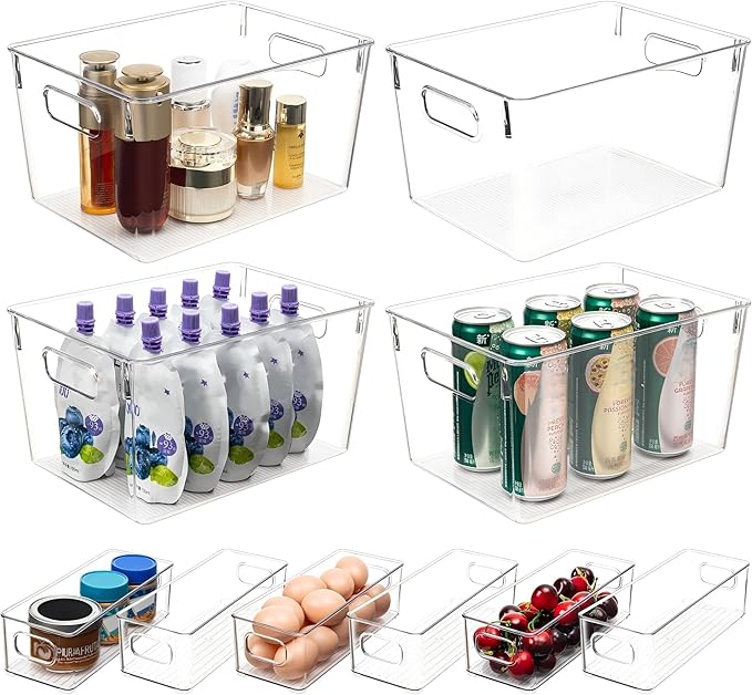 Tiawudi Set of 10 Clear Plastic Storage Bins, 4 Large and 6 Small Stackable