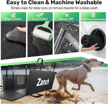 Zanch Heavy-Duty Dog Truck Seat Cover, Flat Solid Back Seat Extender for Multi Large Dogs, Hard Bottom Supports 450 lb, Waterproof Hammock Protector, XL for Full-Size Crew Cab Trucks & SUVs, Black