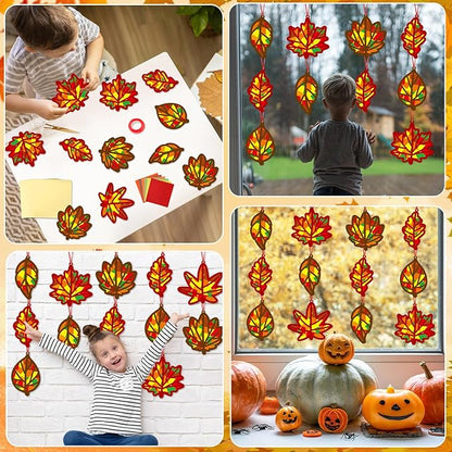 36 Set Fall Maple Leaves Suncatchers Crafts for Kids DIY Autumn Window Tissue Paper Crafts Kit Thanksgiving Maple Hanging Decor for Fall School Home Activity Art Project Birthday Party Favor Gift