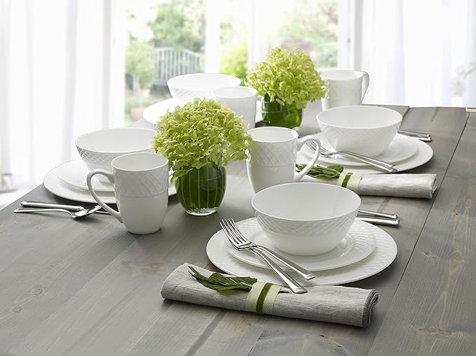 Mikasa Trellis Bone China 16-Piece Dinnerware Set, Service for 4, White Lightweight Porcelain with Textured Design, Chip-Resistant and Dishwasher Safe