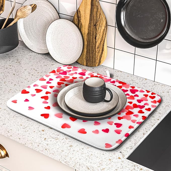 Valentines Dish Drying Mat for Kitchen Counter Hearts Holiday Microfiber