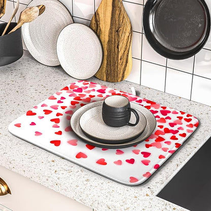 Valentines Dish Drying Mat for Kitchen Counter Hearts Holiday Microfiber