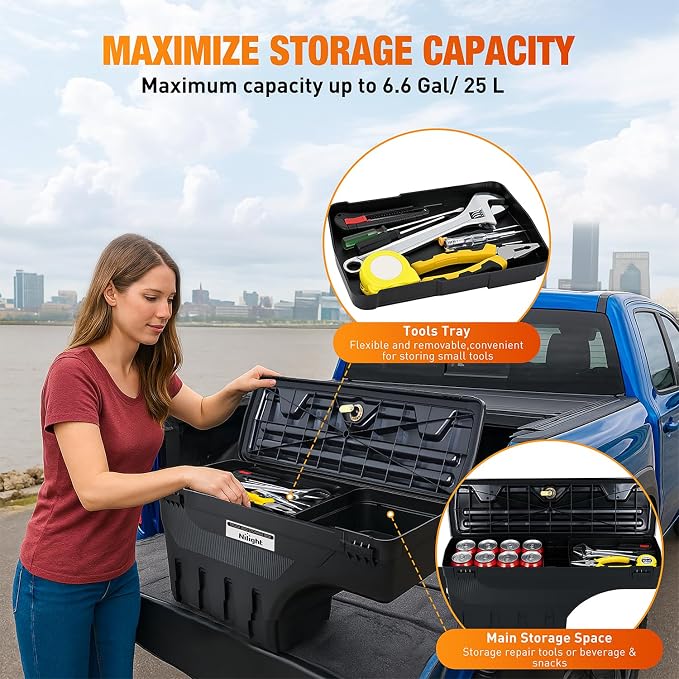 Nilight Truck Bed Tool Box Right Passenger Side Truck Tool Box Fit for Ford F-150 1999-2014 ABS Swing Case Truck Bed Storage Box with Lockable Lid Waterproof Wheel Well Toolbox Black