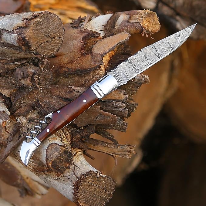 6.5 inch Damascus Pocket Knife with Sheath, Handmade Folding Pocket Knife for Men, Black-Red Wooden Handle with Brass Bolster, Secure Lock Back Camping Knife for EDC,Hunting,Hiking (Legual)