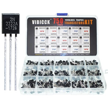 15Values 750 PCS Assorted Type General Purpose TO92 Transistors PNP NPN Bipolar Power Transistor Assortment Kit with Individual Compartment