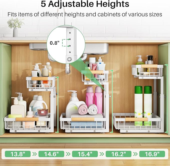 Kitstorack Under Sink Organizer, 2 Packs 2 Tier Under Sink Organizers and