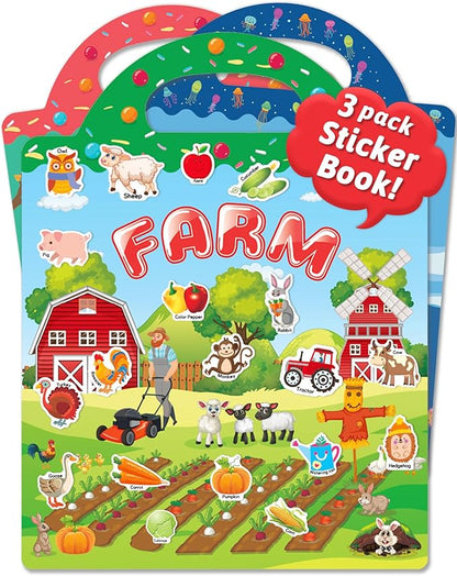 Benresive Reusable Sticker Book for Toddlers 2-4 Years, 3 Sets Travel Stickers for Kids, Waterproof Sticker Books for Toddlers 1-3, Crafts Activities for Todddlers 1-3 2-4 3-5