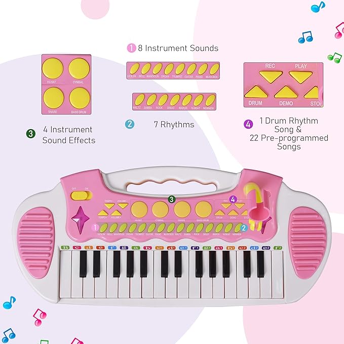Qaba Kids Toy Keyboard Piano Toddler Electronic Instrument with Stool, Microphone and Bright Flashlight for Children Birth Gift, Pink