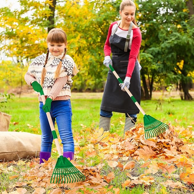 2 Pcs 35'' Kids Rakes for Leaves - Plastic Rake Head with 2 Pairs Kids Gloves, Small Kids Lawn Rakes Detachable Wooden Handle, Autumn Garden Tool Set for Kids Boys and Girls, Green, 3yr+