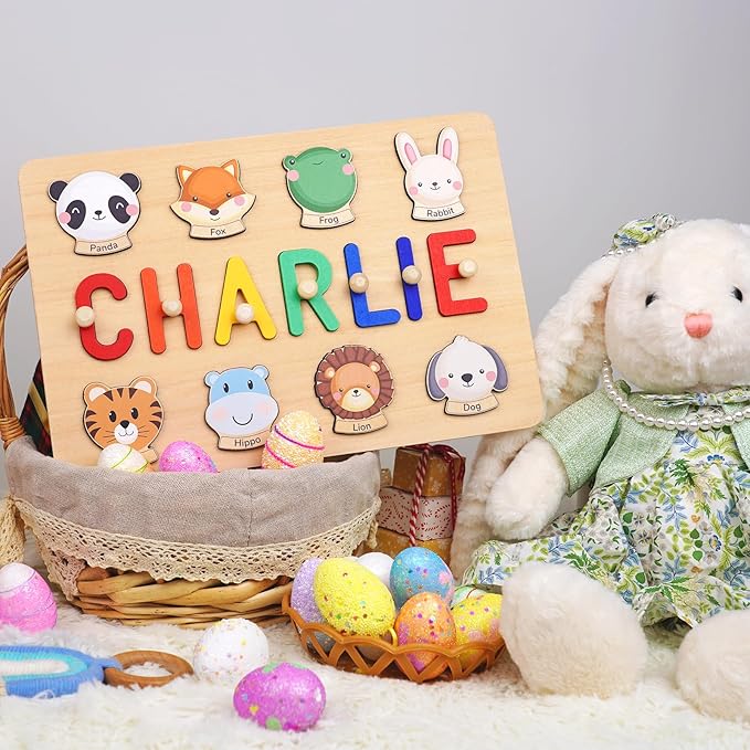 Custom Name Puzzle for Kids Personalized Wooden Animal Puzzles for Toddlers 1-3 Engraved Text on Back, Personalized Baby Gifts Educational Toys for 1 Year Old Girl Gifts for Birthday Baptism