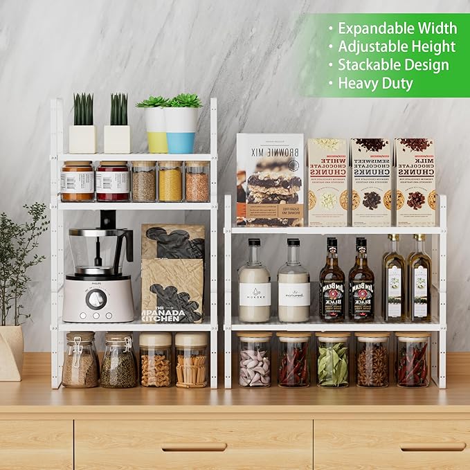 Expandable Cabinet Storage Shelf Stackable Organizer Rack for Kitchen Bathroom Pantry Spice Cupboard Coffee Countertop Home Office Desk Heavy Duty Nonslip White Large 1 Pack